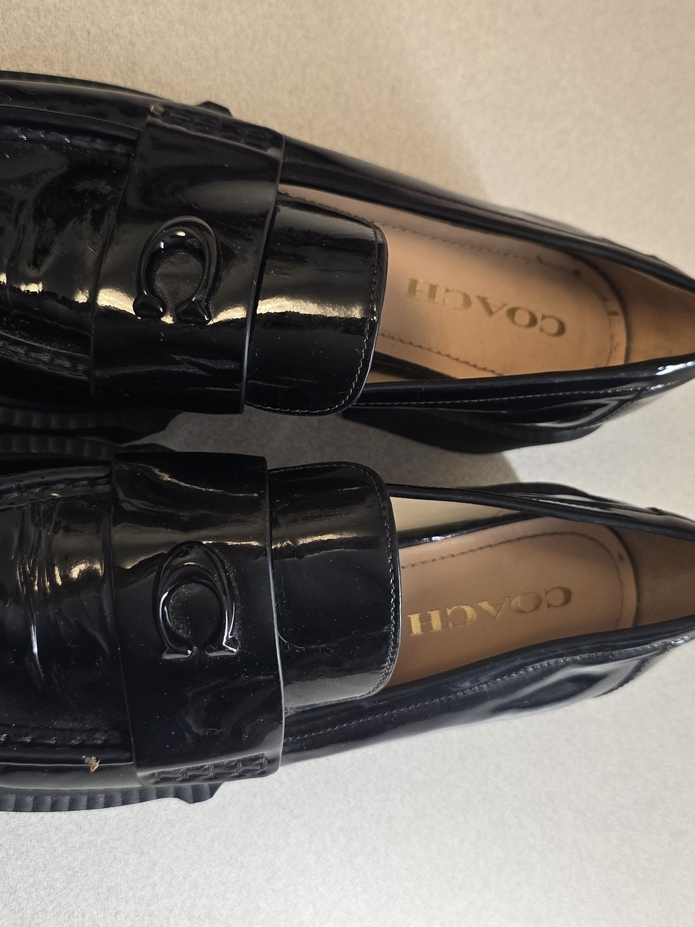 Coach Black Patent Leather Platform Loafers Women's Size 8.5 Chunky Lug Sole - Picture 3 of 8